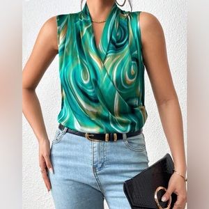 Print Surplice Collar Sleeveless Blouse